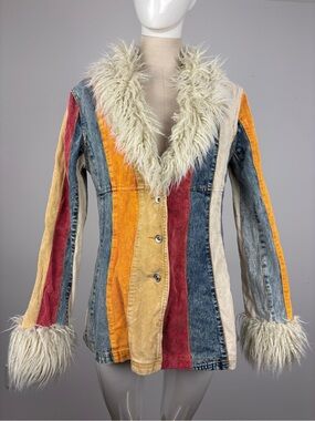 Vintage Stoneridge Y2K Patchwork Penny Lane Jacket Corduroy Denim Fur Size M
